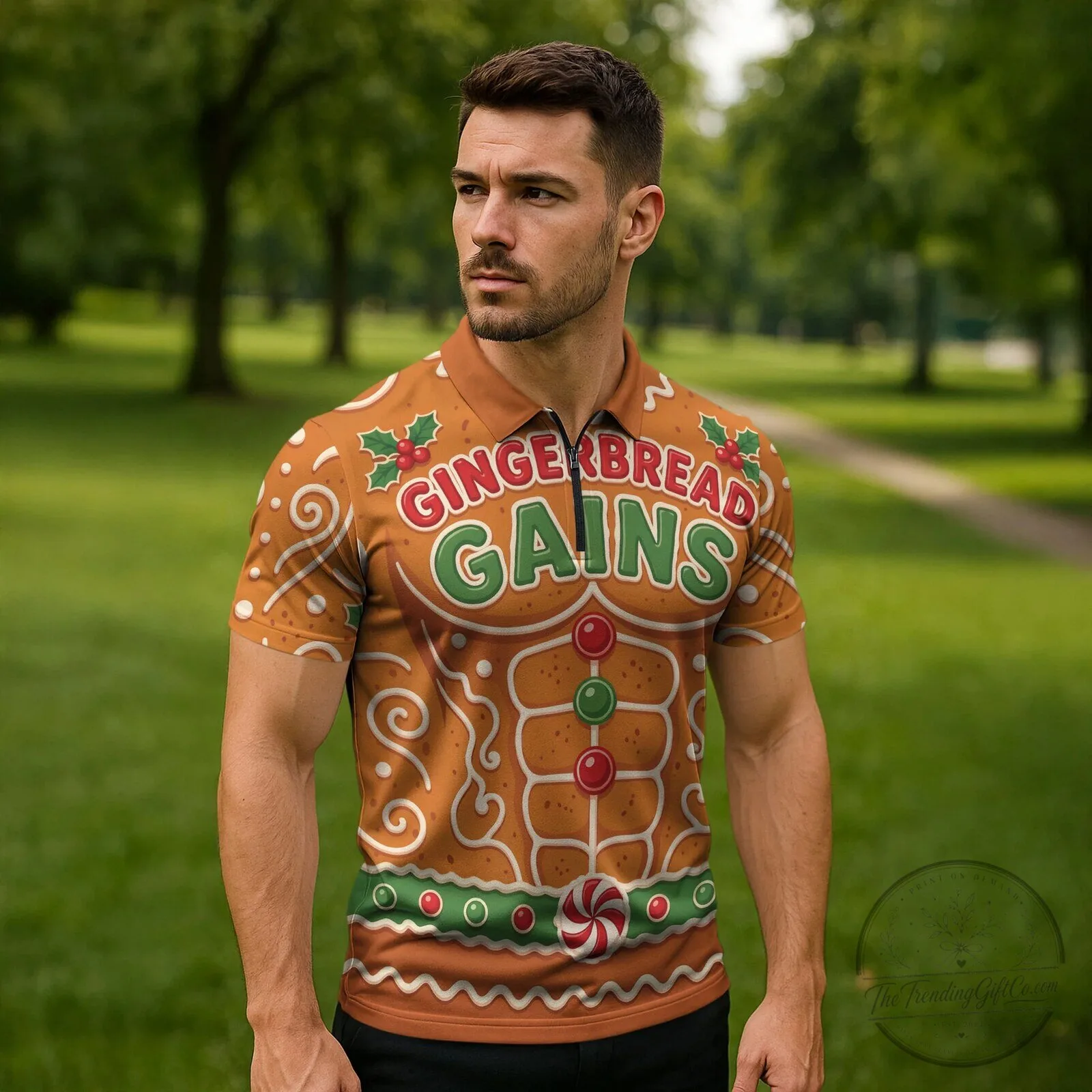 Gingerbread Gains Bodybuilder Christmas Holiday Cookie Men's Polo Shirt 4 Gingerbread Gains Bodybuilder Christmas Holiday Cookie Men