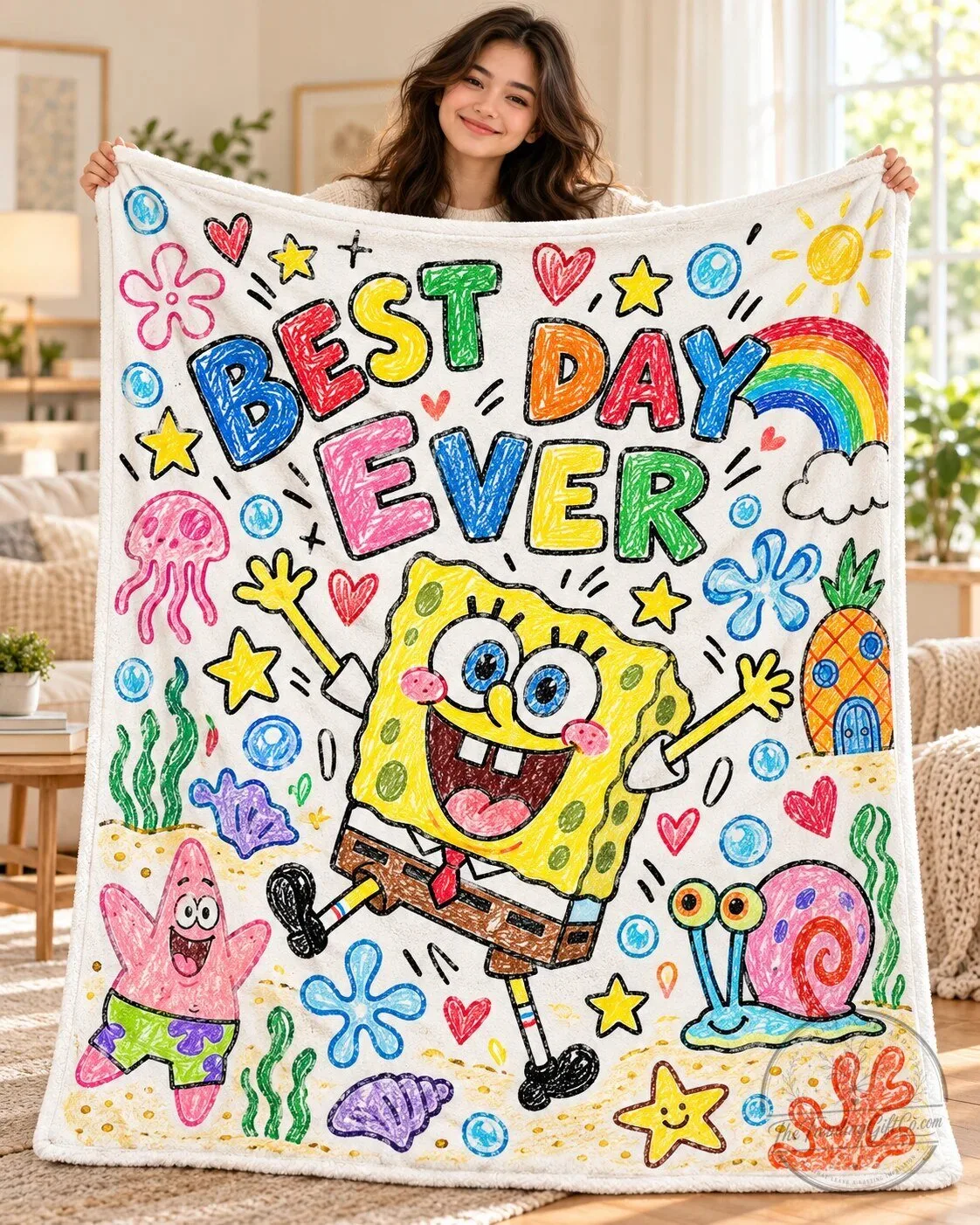 SpongeBob SquarePants Best Day Ever Rainbow Doodle Fleece Blanket