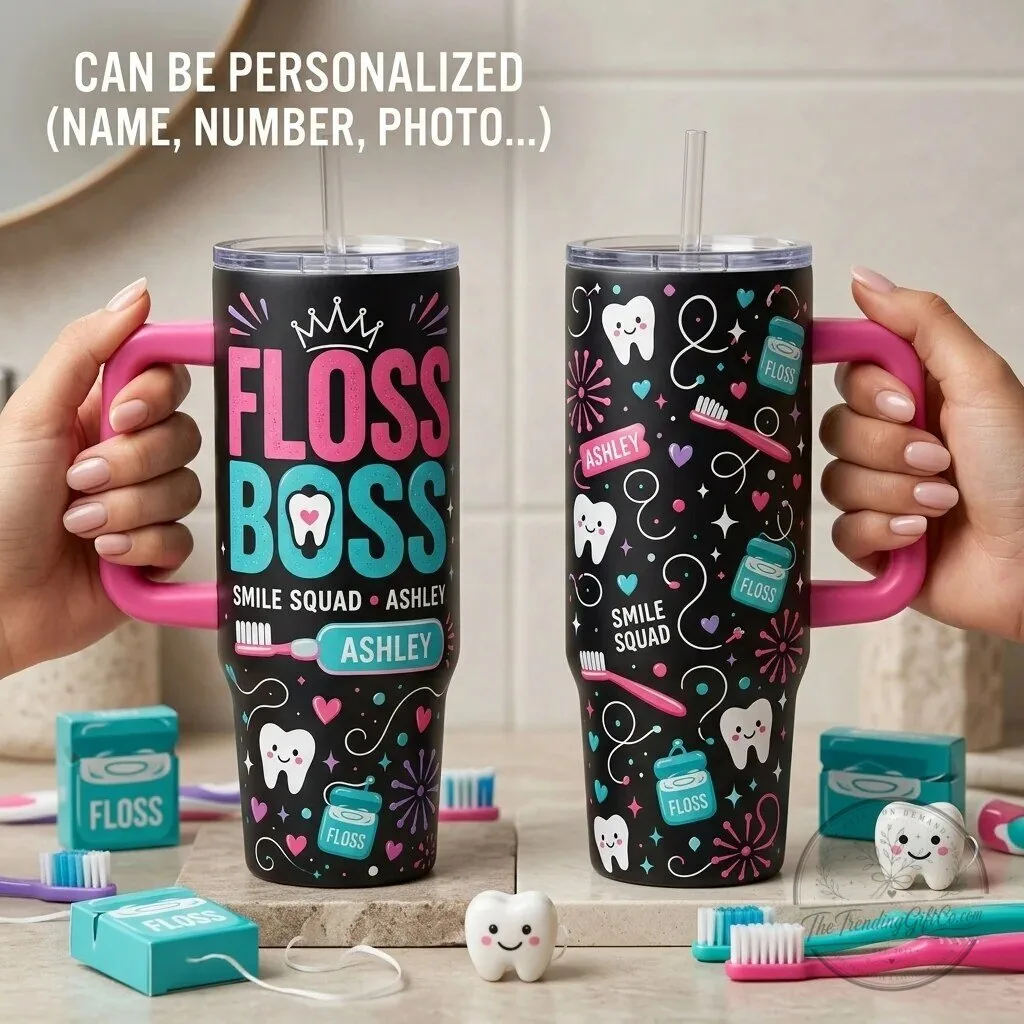 Personalized Floss Boss Dental Hygienist Tumbler with Handle and Straw