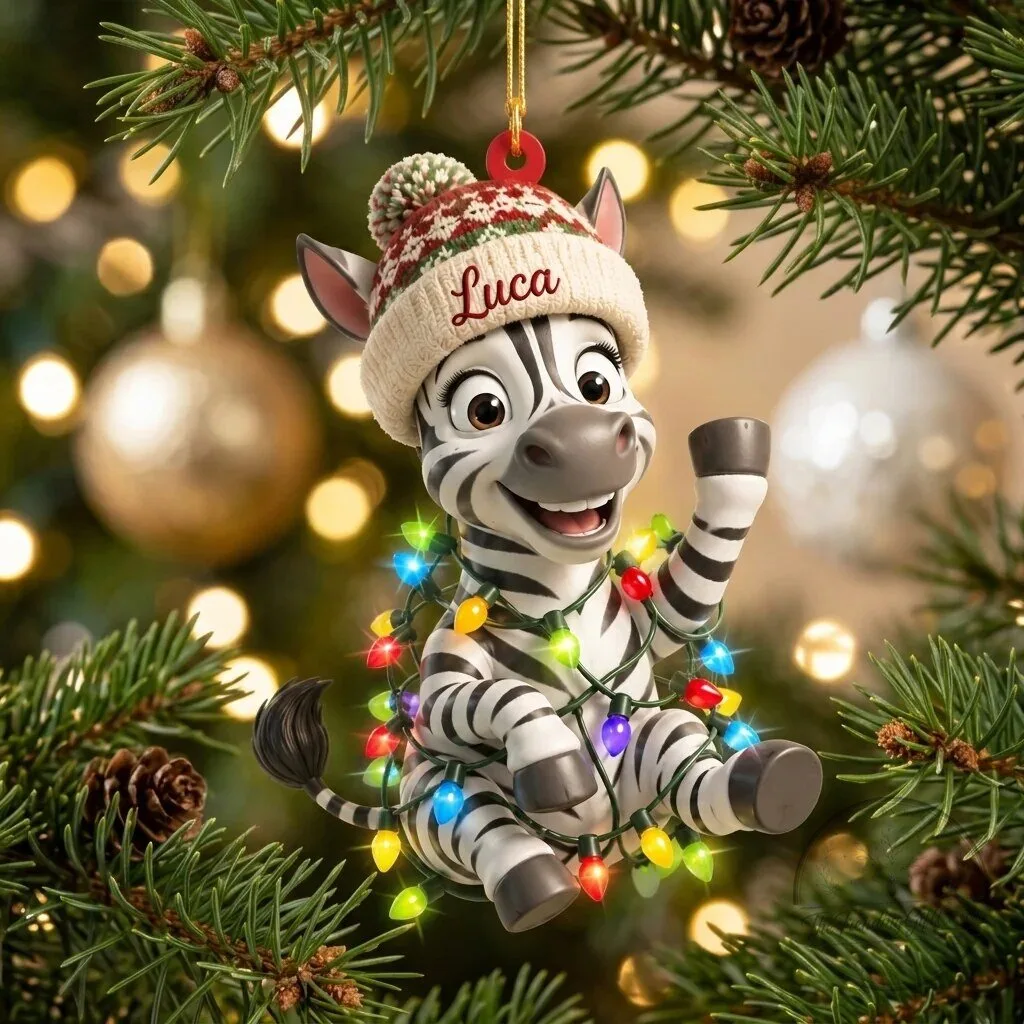 Personalized Baby Zebra Christmas Ornament with Lights and Winter Hat 1 Personalized Baby Zebra Christmas Ornament with Lights and Winter Hat