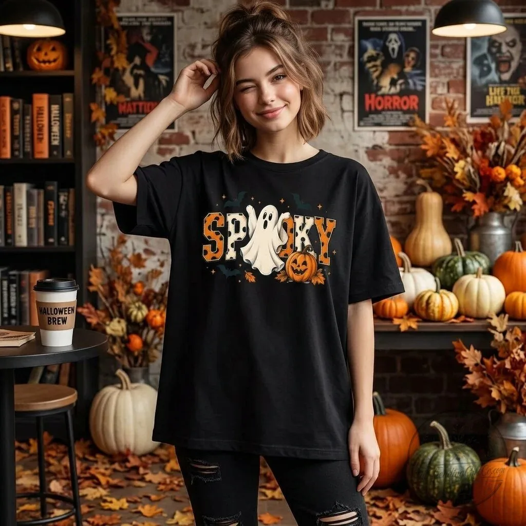 Spooky Halloween Ghost and Pumpkin Graphic Black Short Sleeve T-Shirt 1 Spooky Halloween Ghost and Pumpkin Graphic Black Short Sleeve T-Shirt