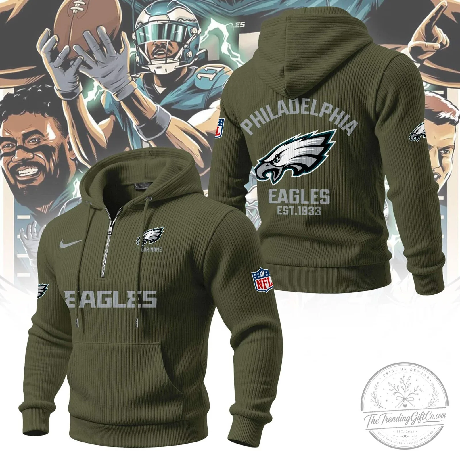 Philadelphia Eagles NFL Football Team Quarter-Zip Hoodie 9 Philadelphia Eagles NFL Football Team Quarter-Zip Hoodie