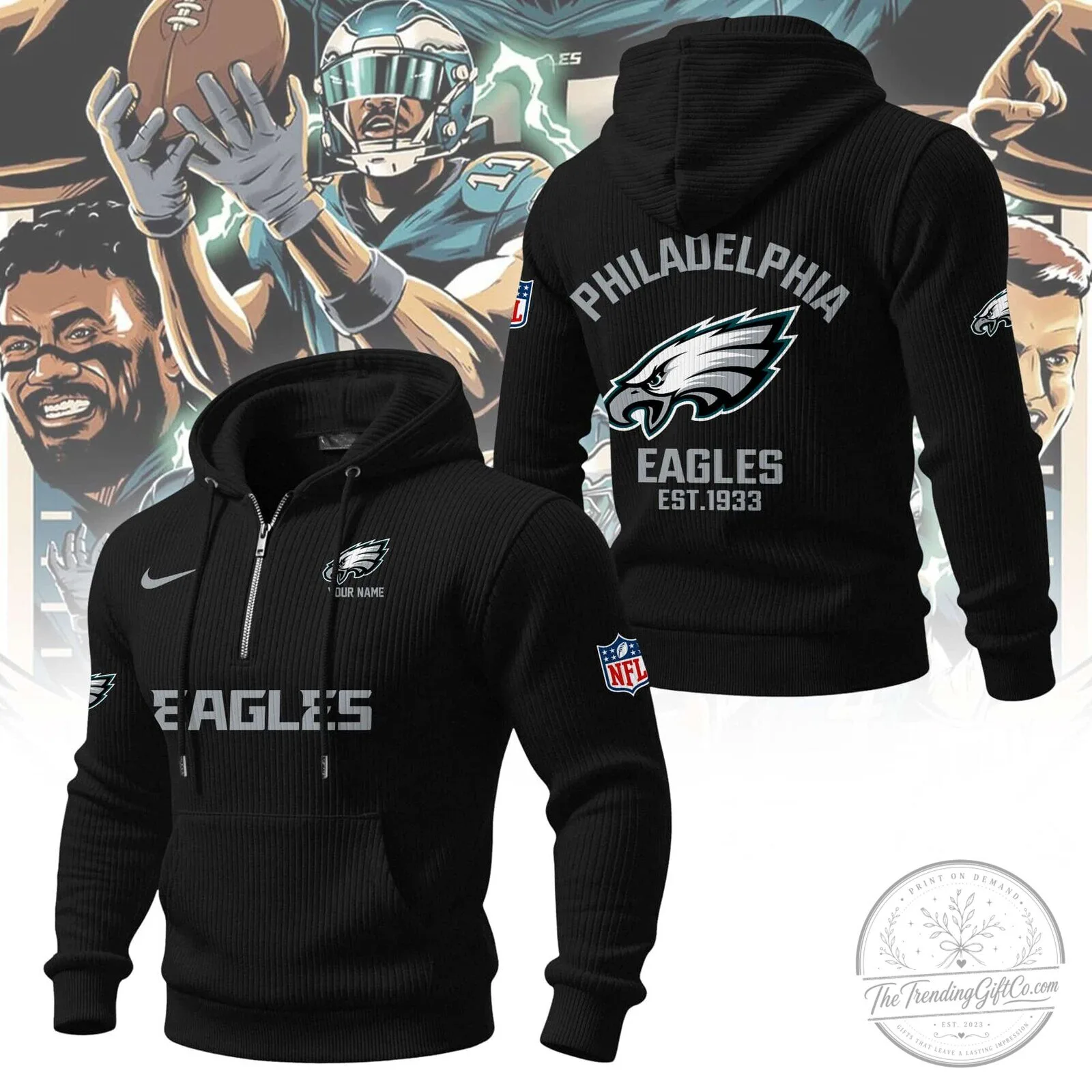Philadelphia Eagles NFL Football Team Quarter-Zip Hoodie 11 Philadelphia Eagles NFL Football Team Quarter-Zip Hoodie