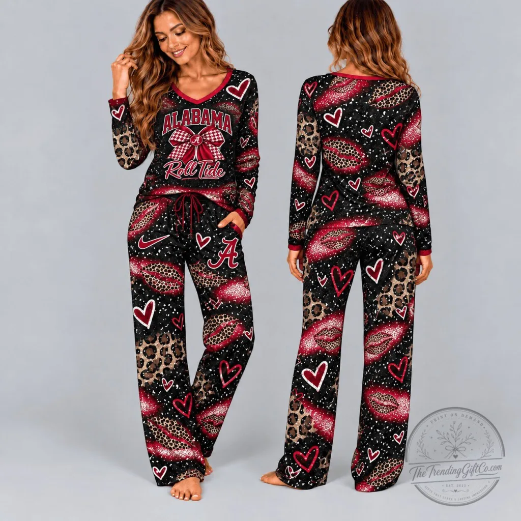 Alabama Crimson Tide Leopard Print Hearts V-Neck Long Sleeve Pajamas Set Alabama Crimson Tide Leopard Print Hearts V-Neck Long Sleeve Pajamas Set