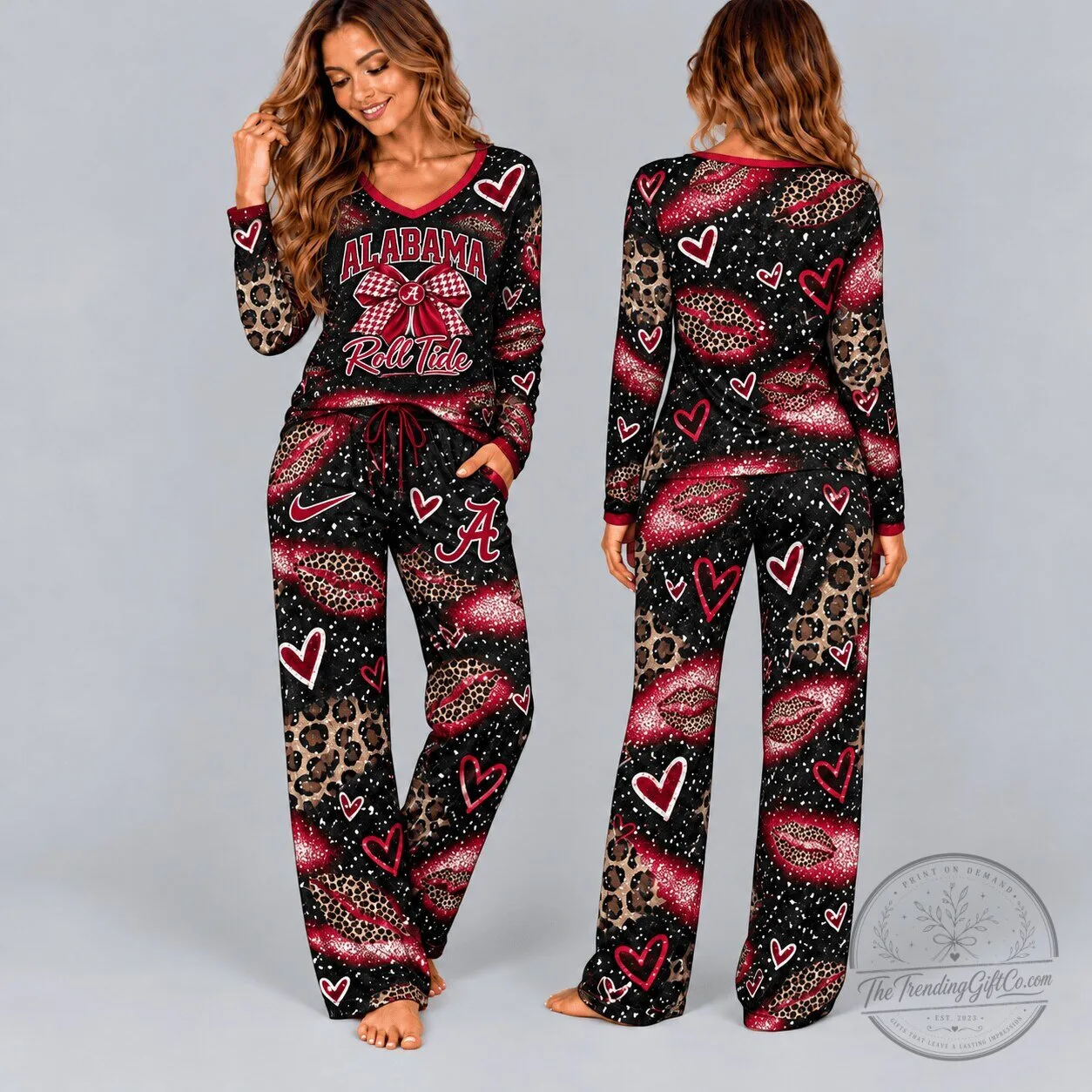 Alabama Crimson Tide Leopard Print Hearts V-Neck Long Sleeve Pajamas Set 1 Alabama Crimson Tide Leopard Print Hearts V-Neck Long Sleeve Pajamas Set