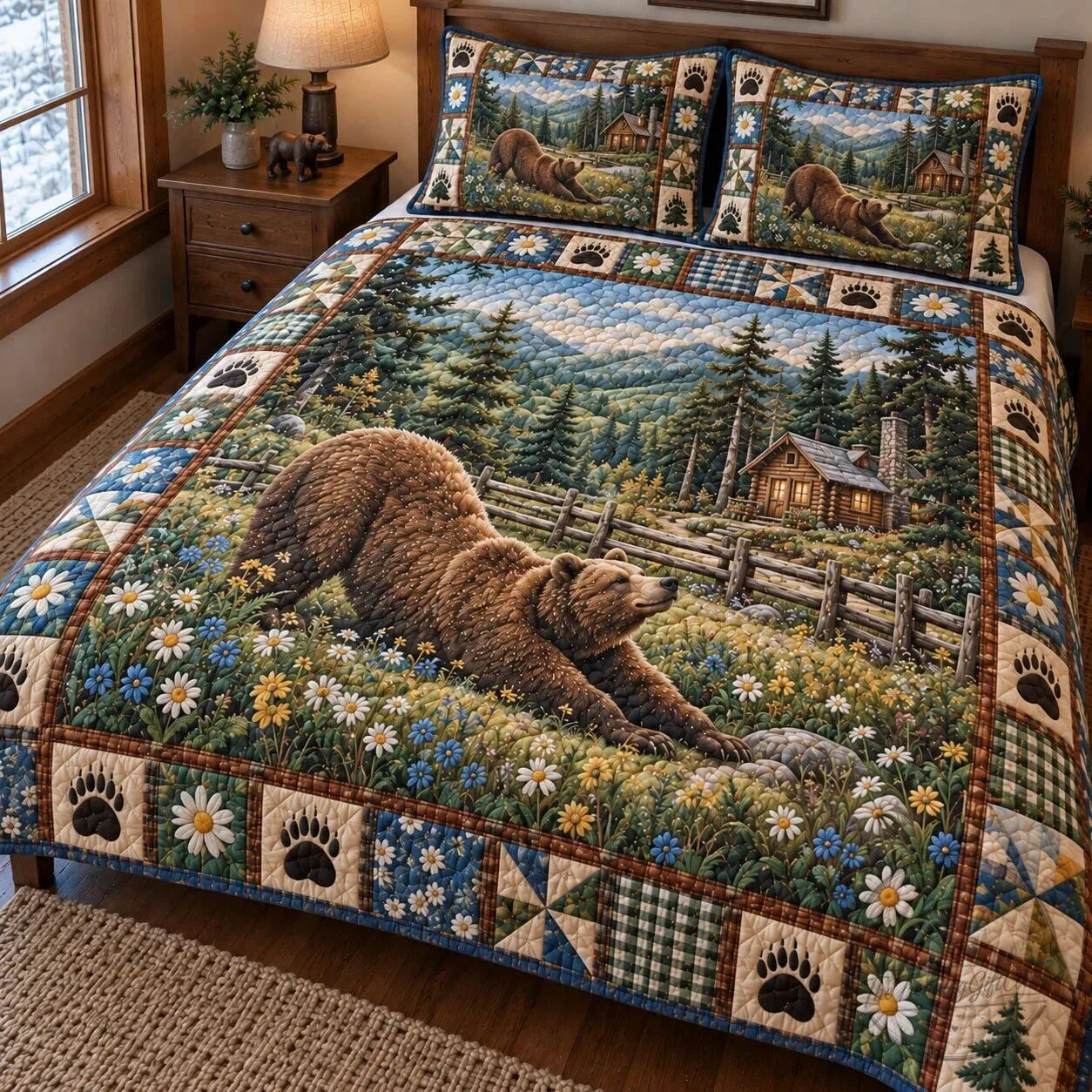 Rustic Bear Cabin Landscape Quilted Bedding Set with Pillow Shams