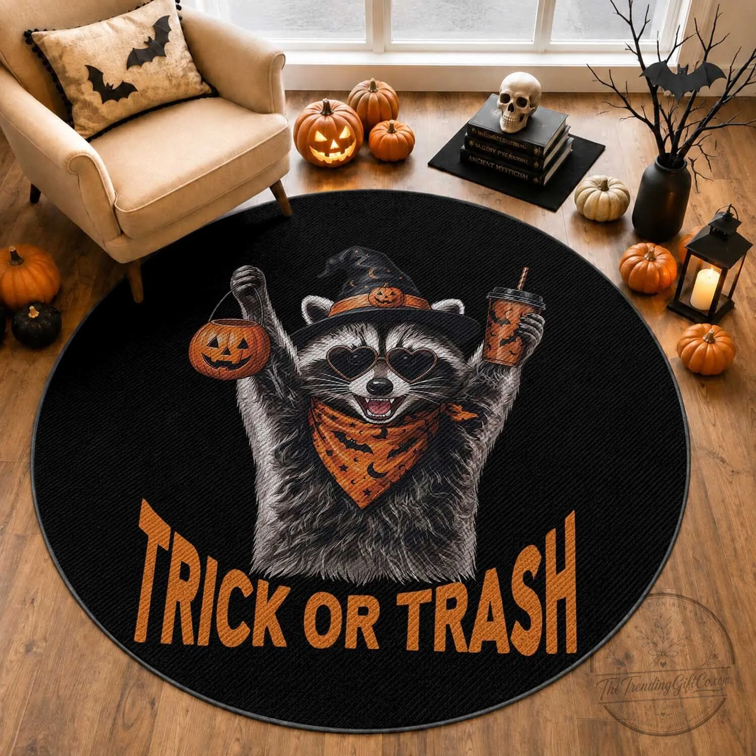 Funny Halloween Witch Raccoon Trick or Trash Round Rug 1 Funny Halloween Witch Raccoon Trick or Trash Round Rug