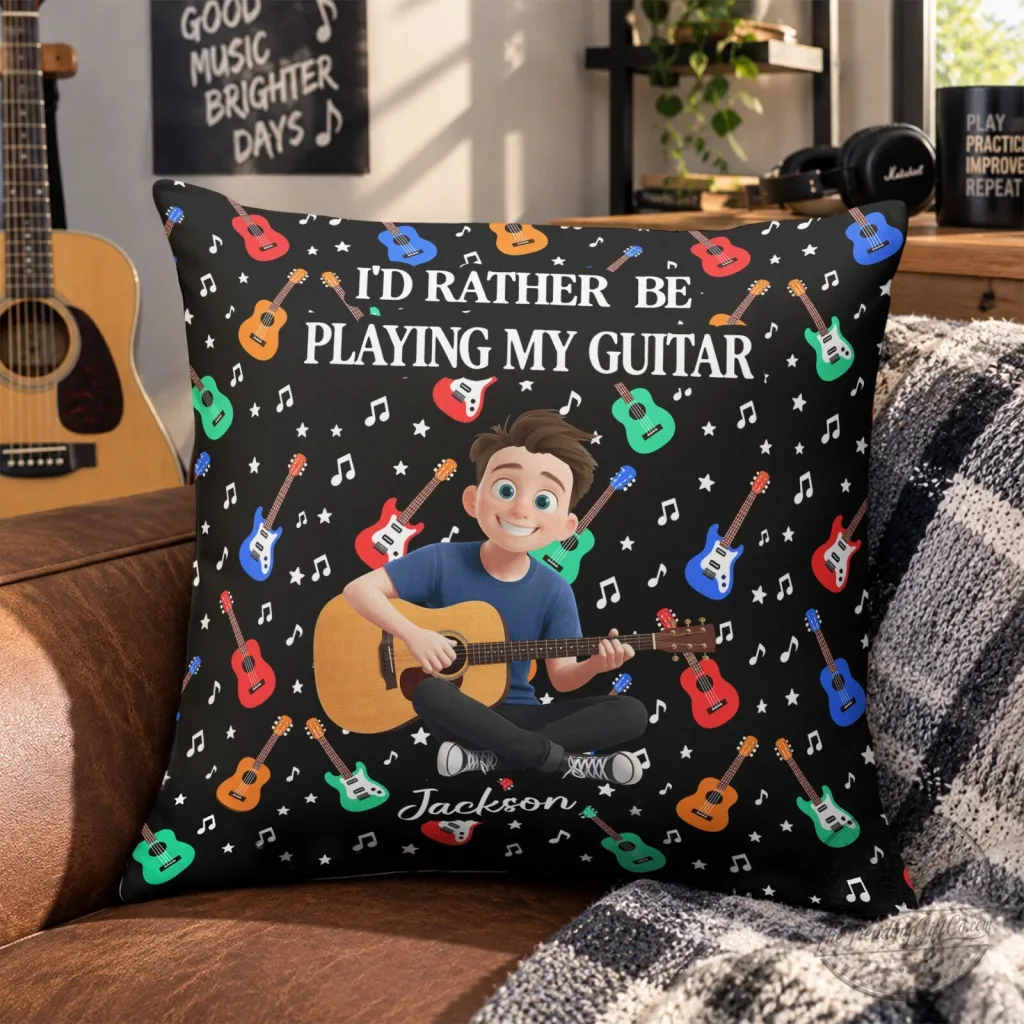 Personalized Guitar Player Cartoon Boy I'd Rather Be Playing My Guitar Pillow Personalized Guitar Player Cartoon Boy I'd Rather Be Playing My Guitar Pillow