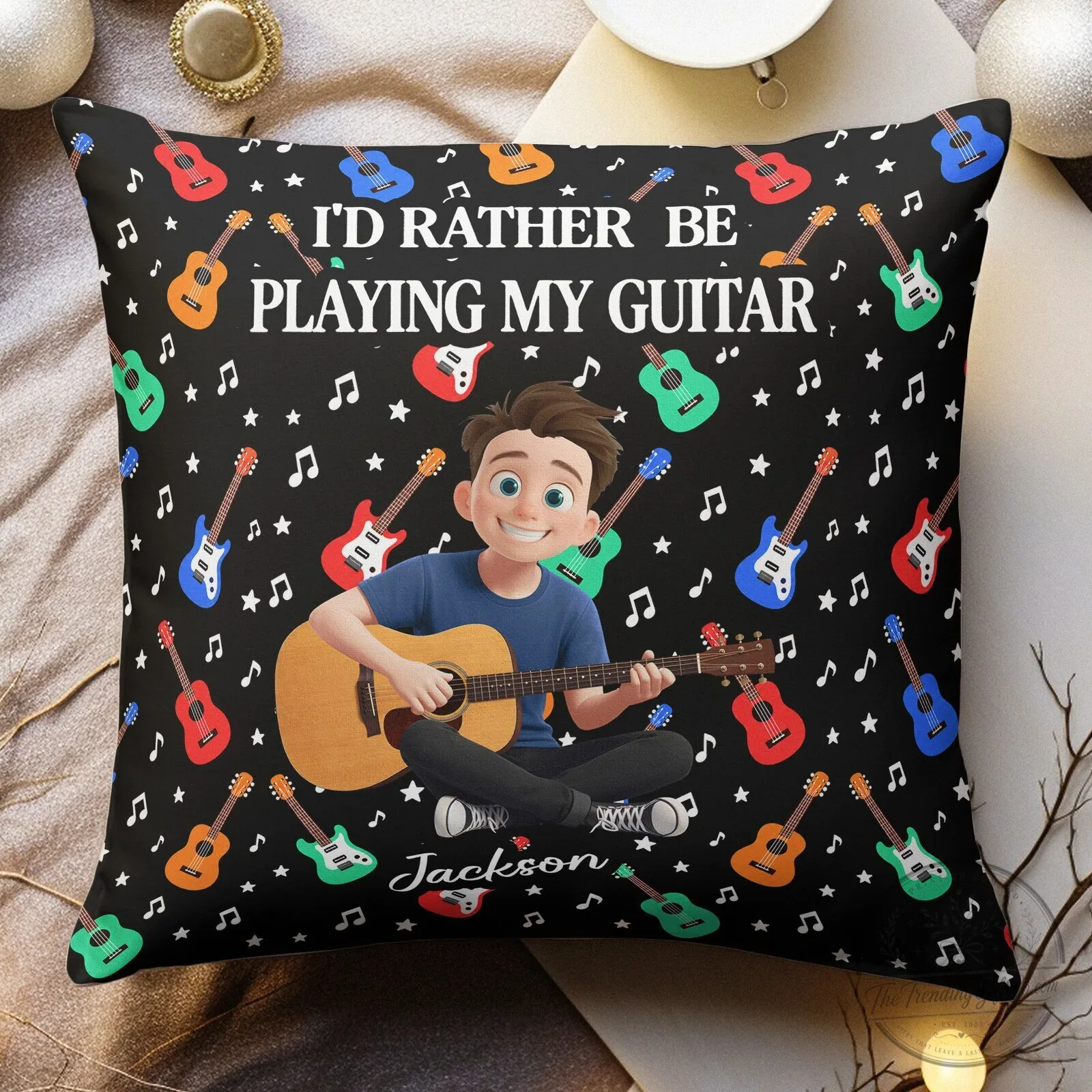 Personalized Guitar Player Cartoon Boy I'd Rather Be Playing My Guitar Pillow 6 Personalized Guitar Player Cartoon Boy I