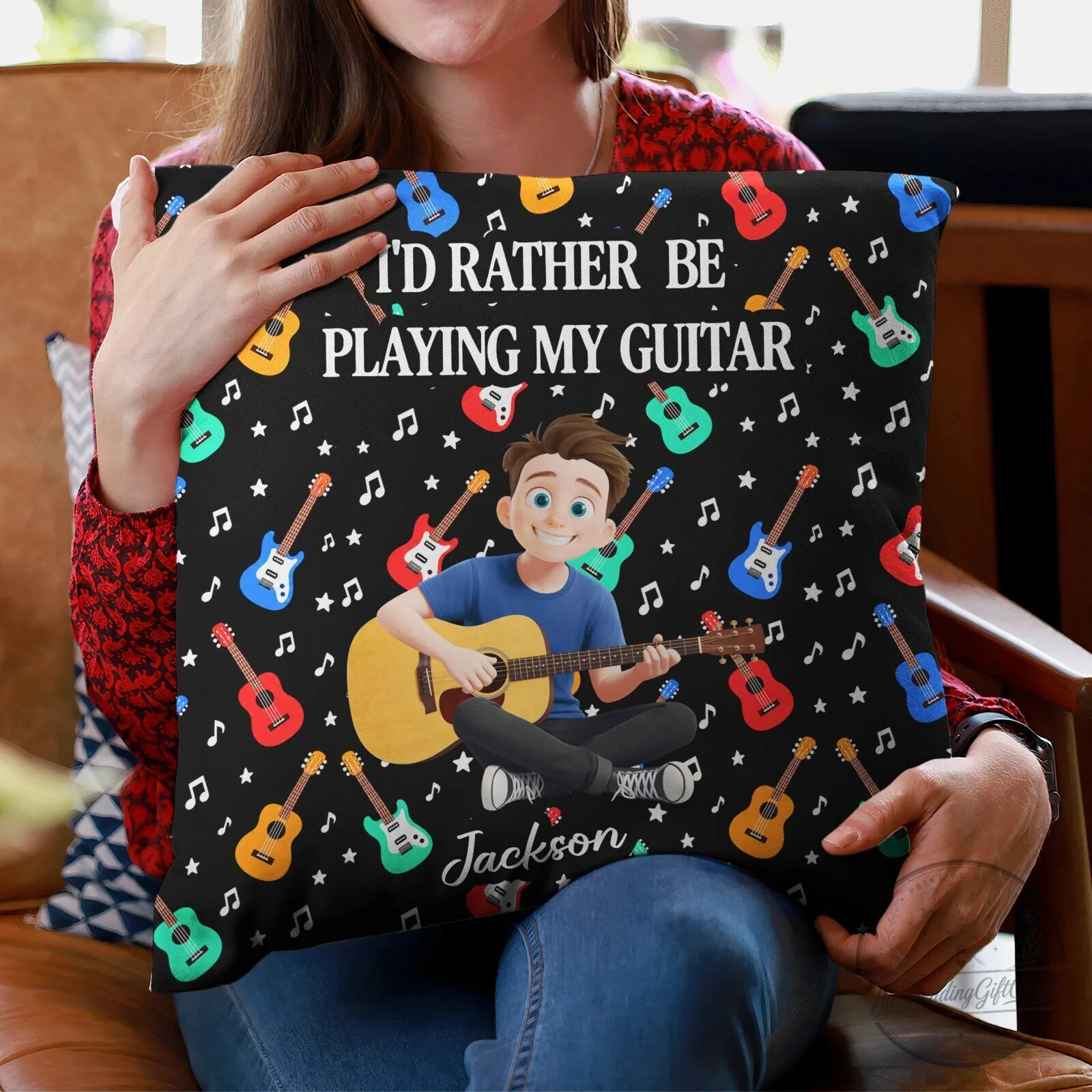 Personalized Guitar Player Cartoon Boy I'd Rather Be Playing My Guitar Pillow 7 Personalized Guitar Player Cartoon Boy I