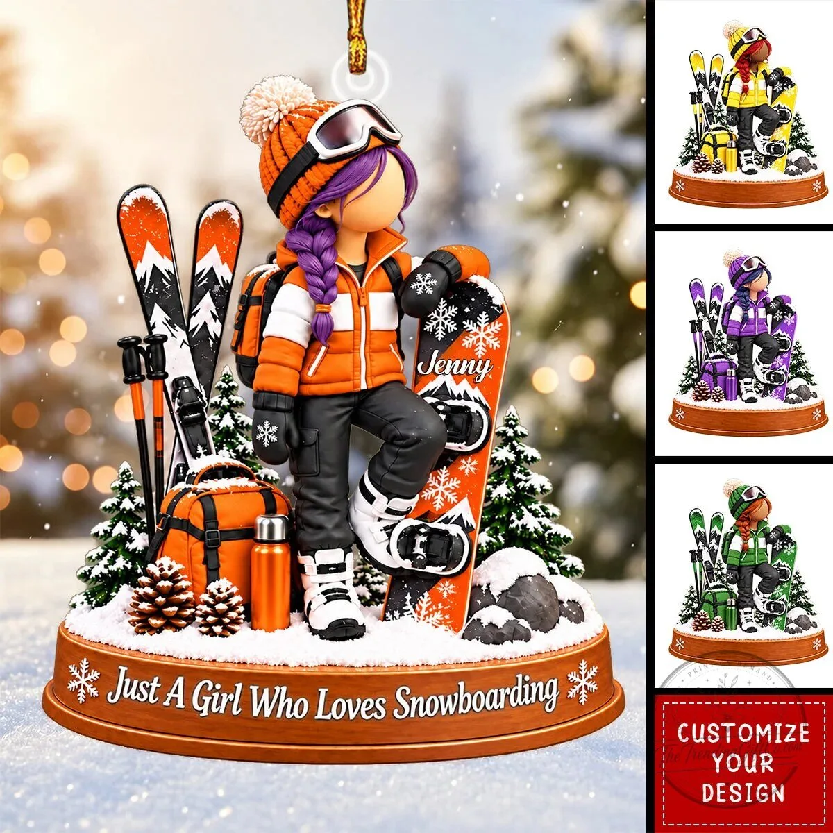 Personalized Snowboarding Girl Christmas Tree Ornament, Custom Winter Sports Keepsake 3 Personalized Snowboarding Girl Christmas Tree Ornament, Custom Winter Sports Keepsake