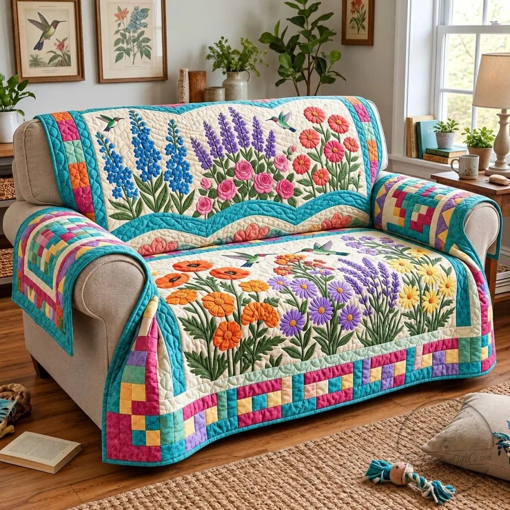 Spring Garden Hummingbirds Floral Quilted Sofa Cover Protector Spring Garden Hummingbirds Floral Quilted Sofa Cover Protector