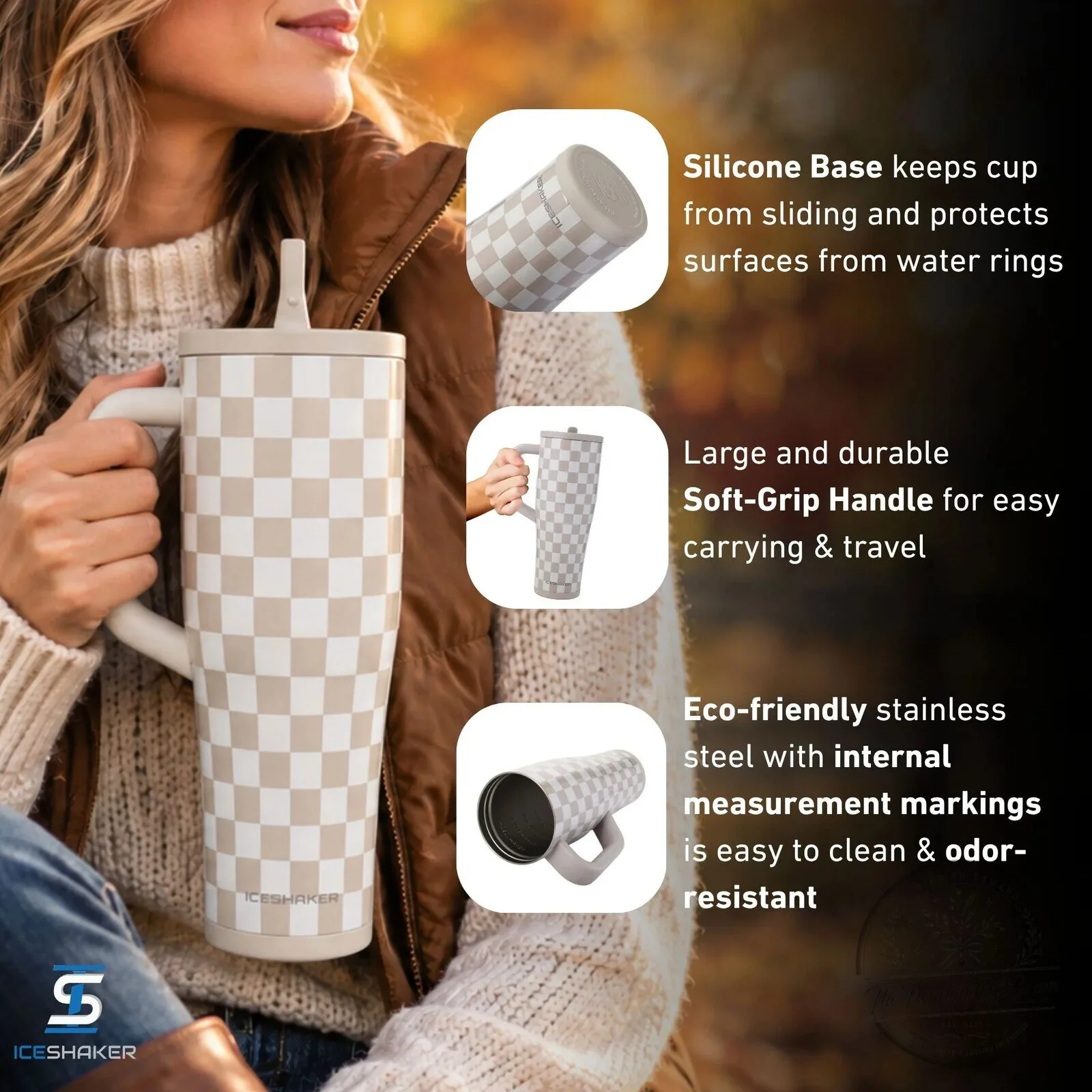 Cobblestone Checkered Pattern Insulated Stainless Steel Tumbler with Handle 9 Cobblestone Checkered Pattern Insulated Stainless Steel Tumbler with Handle