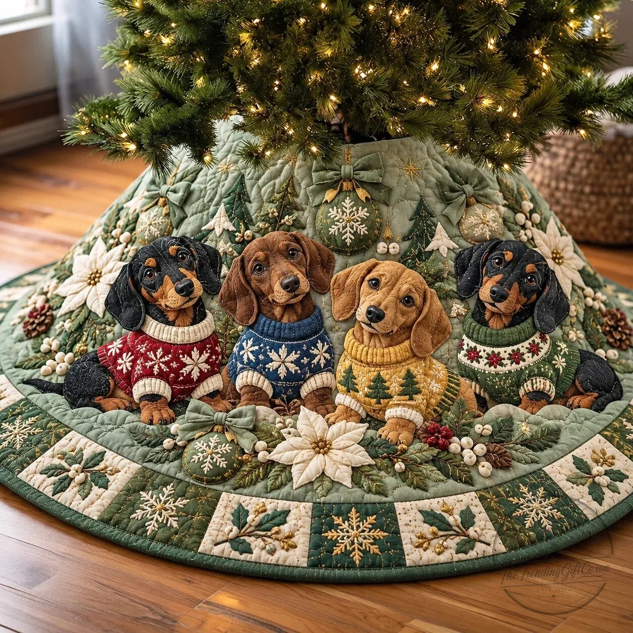 Christmas Dachshund Dog Quilted Tree Skirt Holiday Home Decoration